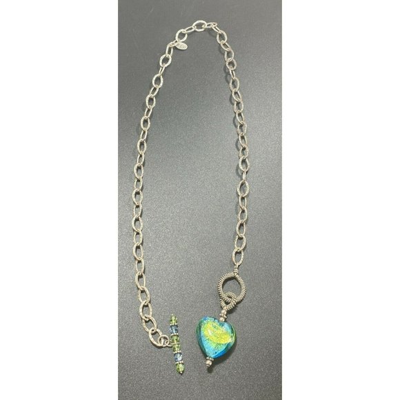 925 PEY Necklace Oval Hammered Link Puffy Heart Pendant Toggle Closure 17in - Picture 6 of 6